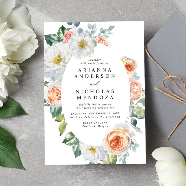 Invitation Aquarelle Pêche & Blanc Floral Oval Mariage Cadre (Créateur téléchargé)