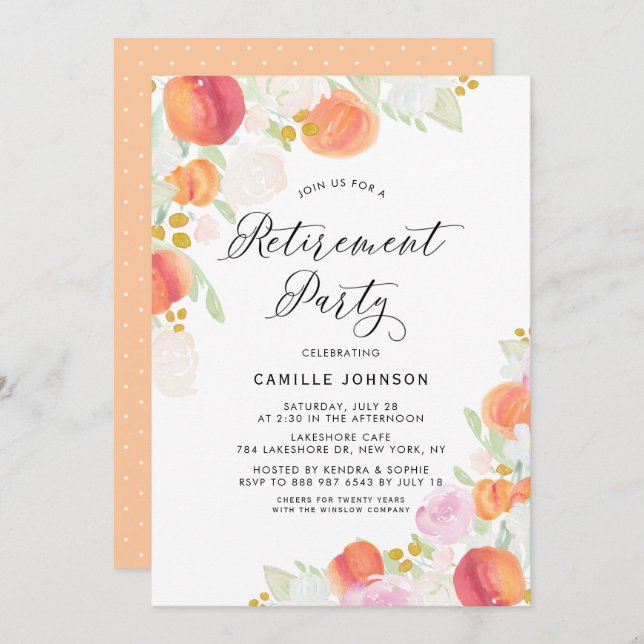 Invitation Aquarelle Pêche et Fleurs Parti de retraite (Devant / Derrière)