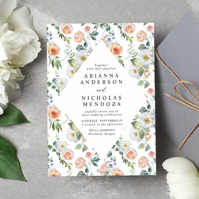 Invitation Aquarelle Pêche & Mariage de cadre Floral Blanc (Créateur téléchargé)