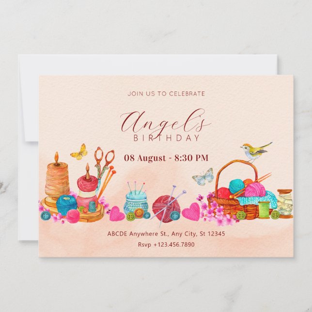 Invitation Aquarelle pêche outils de couture art anniversaire (Devant)