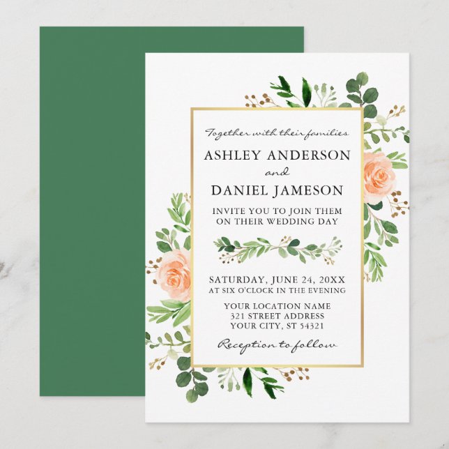Invitation Aquarelle Pêche Rose Mariage de verdure (Devant / Derrière)