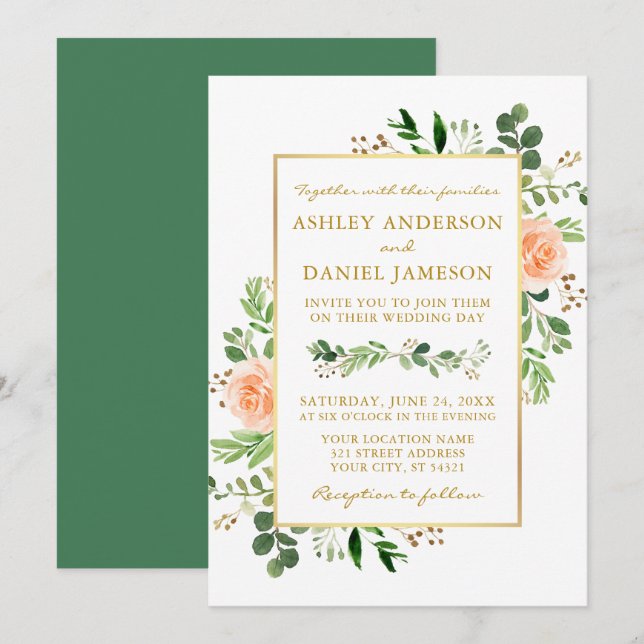 Invitation Aquarelle Pêcher Rose Verdure Mariage Or (Devant / Derrière)