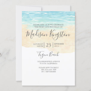 Invitation Aquarelle peinte à la main Blue Beach Sweet 16 Inv