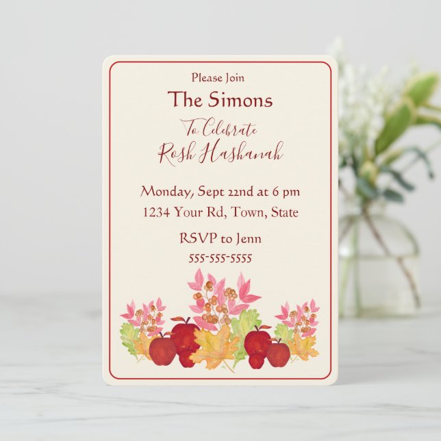 Invitation Aquarelle peinte à la main Feuille Pommes Rosh Has (Debout devant)