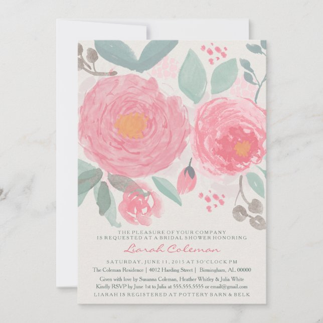 Invitation Aquarelle peinte à la main nuptiale ou baby shower (Devant)