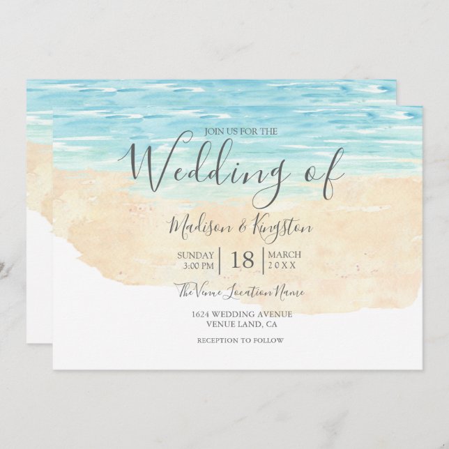 Invitation Aquarelle Peinte à la main Plage mariage invitatio (Devant / Derrière)