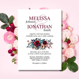 Invitation Aquarelle peinte Floral Burgundy Merlot Mariage
