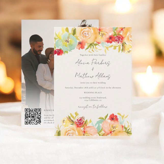 Invitation Aquarelle peinte Floral Photo Qr code Mariage (Painted Watercolor Floral Photo Qr code Wedding Invitation)