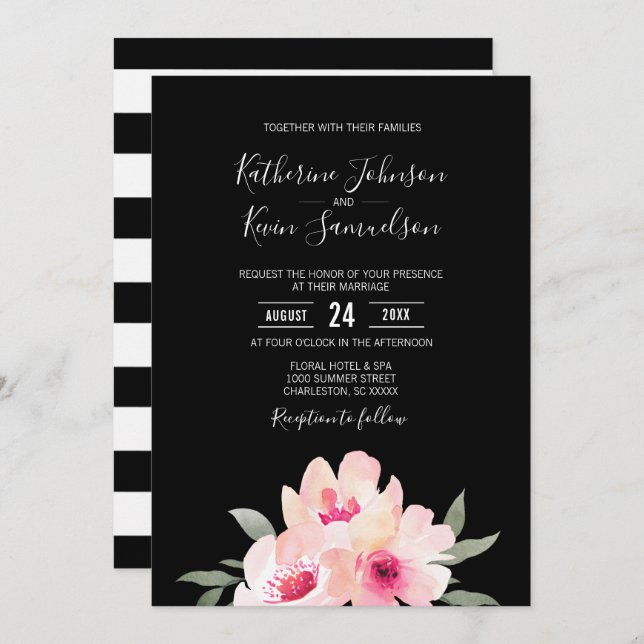 Invitation Aquarelle Peinte Rose rose noir Mariage Floral (Devant / Derrière)