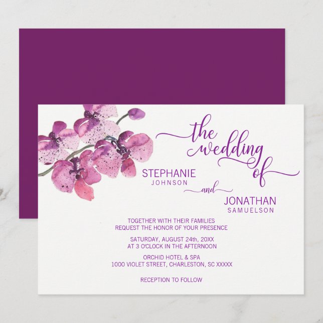 Invitation Aquarelle peinte violet orchidées florales Mariage (Devant / Derrière)