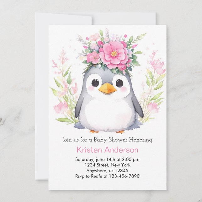 Invitation Aquarelle Penguin Blissful Girl Baby shower (Devant)