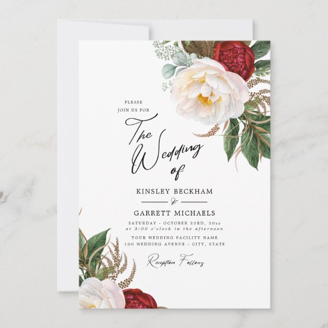 Invitation Aquarelle Peonies Mariage blanc personnalisable (Devant)