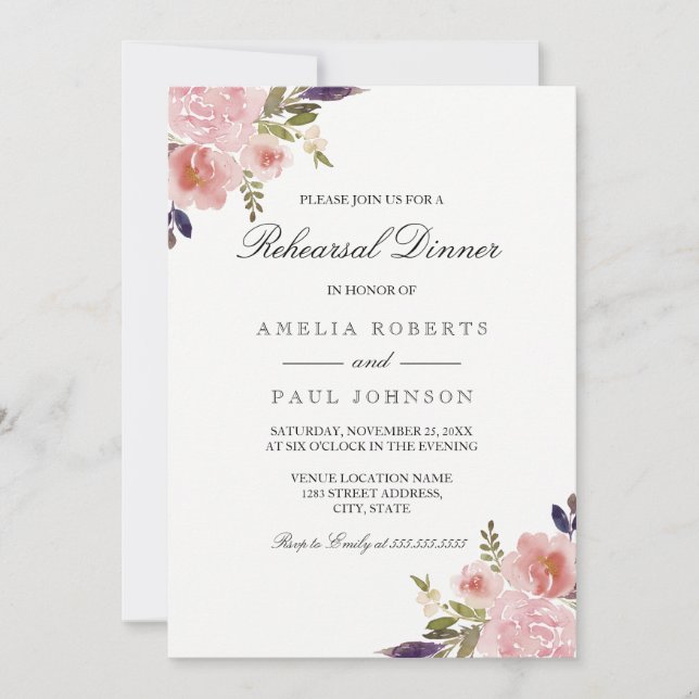 Invitation Aquarelle Peonies Mariage Répétition Dîner Invitat (Devant)