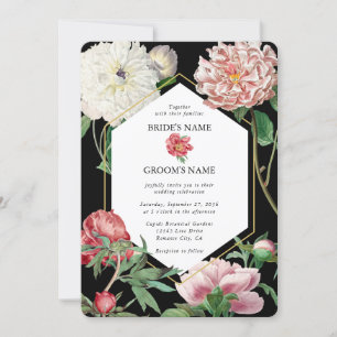Invitation Aquarelle Peonies rose Fleurs Mariage Noir