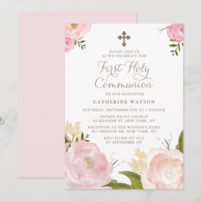 Invitation Aquarelle Peonies roses Première Communion sainte  (Devant / Derrière)