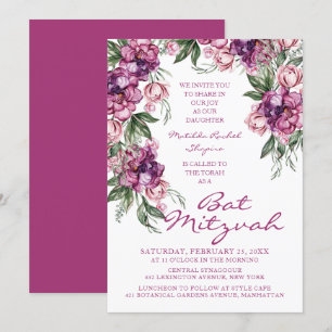 Invitation Aquarelle Peony Bat mitzvah Floral moderne