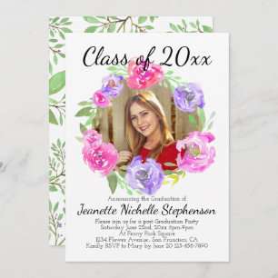 Invitation Aquarelle Peony Classy Floral Photo Graduation