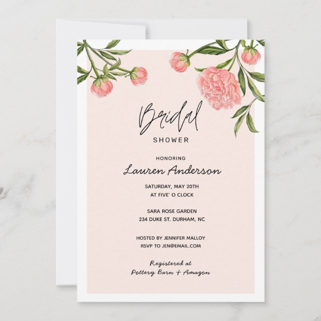 Invitation Aquarelle Peony Moderne rose douche nuptiale (Devant)