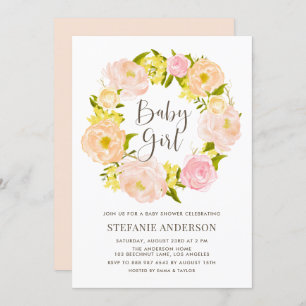Invitation Aquarelle Peony Peony Wreath Girl Baby shower