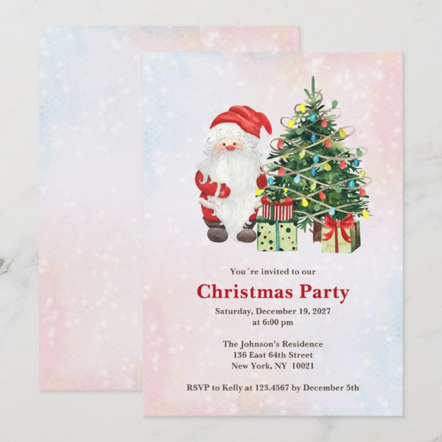 Invitation Aquarelle Père Noël et Arbre de Noël avec cadeaux (Devant / Derrière)