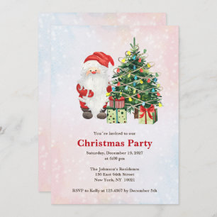 Invitation Aquarelle Père Noël et Arbre de Noël avec cadeaux