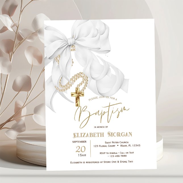 Invitation Aquarelle Perles Blanches à Ruban Croix Points Bap (Créateur téléchargé)