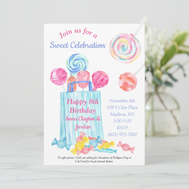 Invitation Aquarelle personnalisée Anniversaire Bonbons doux  (Debout devant)