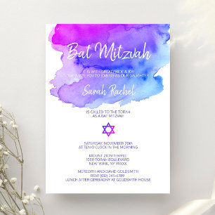 Invitation Aquarelle personnalisée Bat mitzvah bleu violet