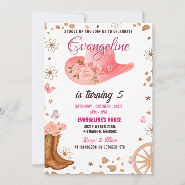 Invitation Aquarelle personnelle Pink Cowgirl Occidentale Ann (Devant)