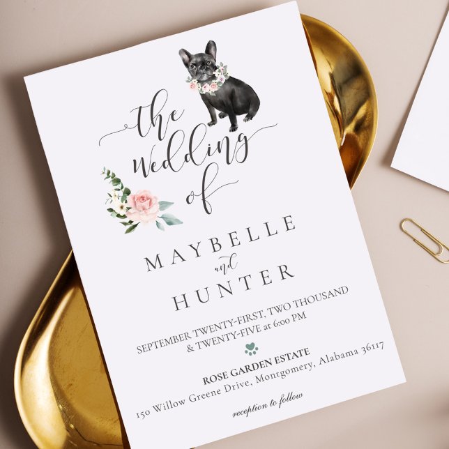 Invitation Aquarelle Pet Black French Bulldog Floral Rose (Watercolor Pet Black French Bulldog Floral Rose Invitation)