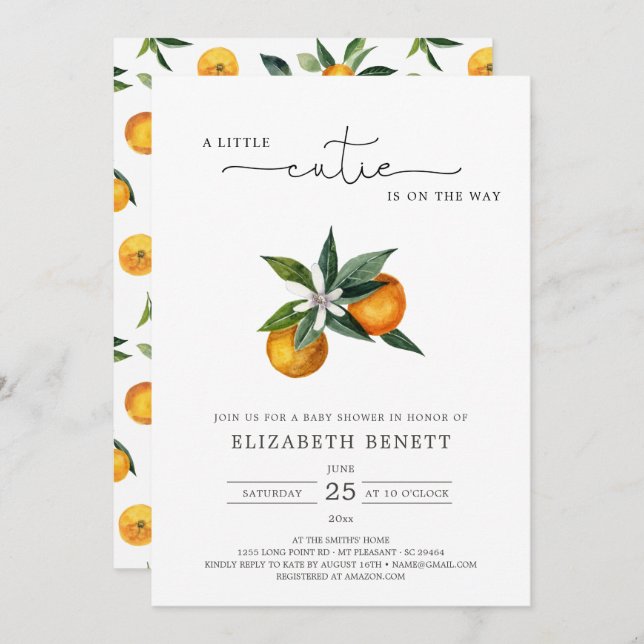 Invitation Aquarelle Petit Cutie Citrus Baby shower orange (Devant / Derrière)