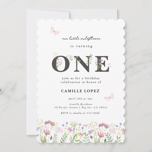 Invitation Aquarelle Petit Fleur sauvage 1er anniversaire Inv (Devant)