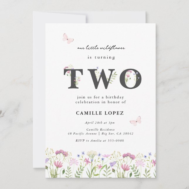 Invitation Aquarelle Petit Fleur sauvage 2e anniversaire (Devant)