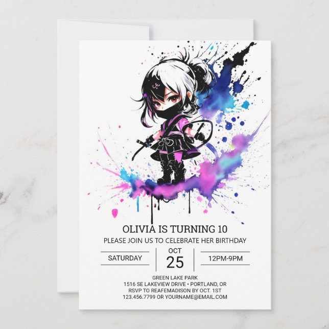 Invitation Aquarelle Petite fille Ninja Anniversaire (Devant)