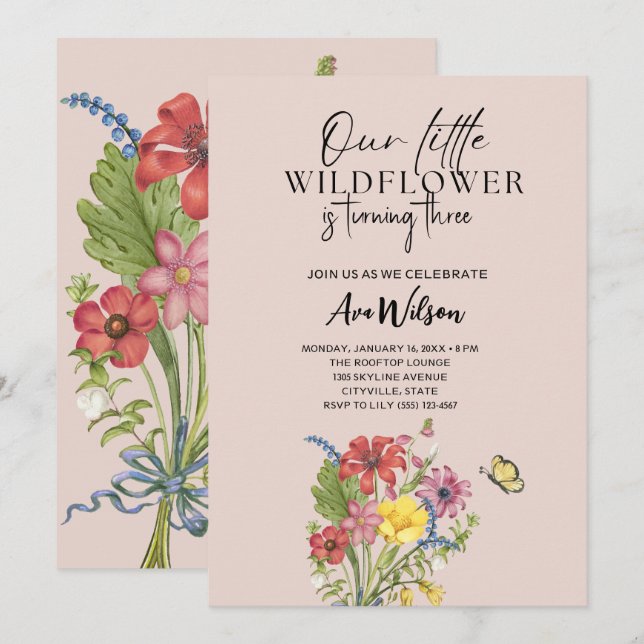 Invitation aquarelle petite fleur d'anniversaire sauvage (Devant / Derrière)