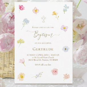 Invitation aquarelle petites fleurs Baptême