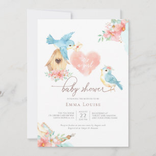 Invitation Aquarelle Petits oiseaux Baby shower fille