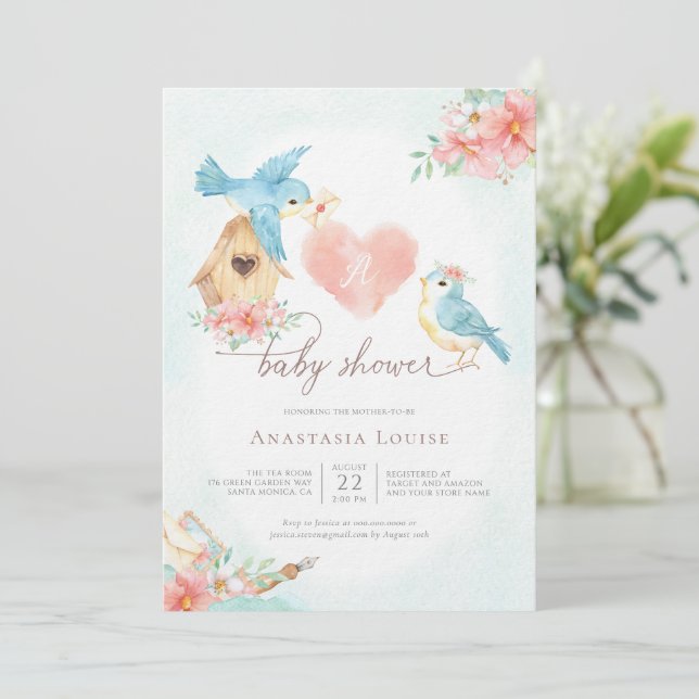 Invitation Aquarelle Petits oiseaux Baby shower fille (Debout devant)