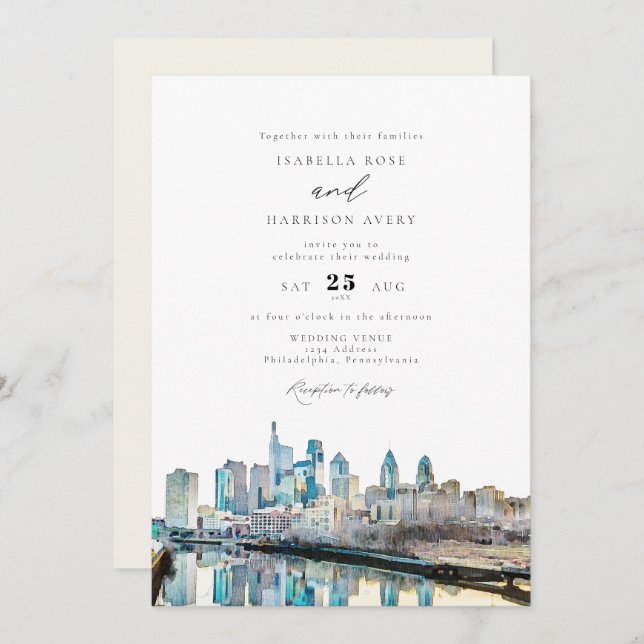 Invitation Aquarelle Philadelphia Pennsylvania Mariage (Devant / Derrière)