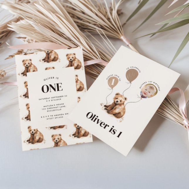 Invitation Aquarelle photo ours 1er anniversaire moderne (Créateur téléchargé)