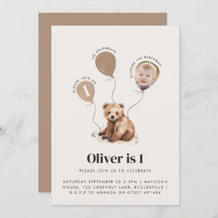 Invitation Aquarelle photo ours 1er anniversaire moderne