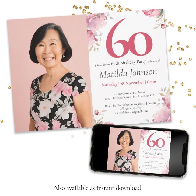 Invitation Aquarelle photo personnalisée rose Floral 60e anni (60th Birthday Watercolor Floral Pink Custom Photo Invitation)