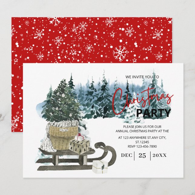 Invitation Aquarelle Pickup Sleigh Fête de Noël rustique (Devant / Derrière)