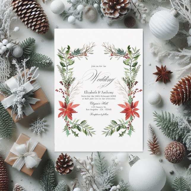 Invitation Aquarelle Pin neigeux et épinette Mariage hivernal (Snowy rustic pine and spruce floral watercolor christmas wedding invitation)