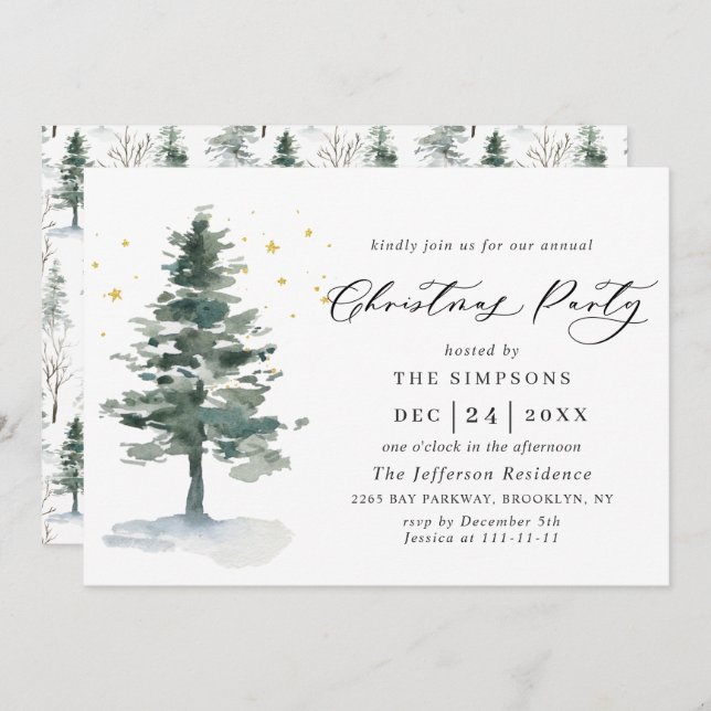 Invitation Aquarelle Pine Arbre Chic Noël Fête de Noël (Devant / Derrière)