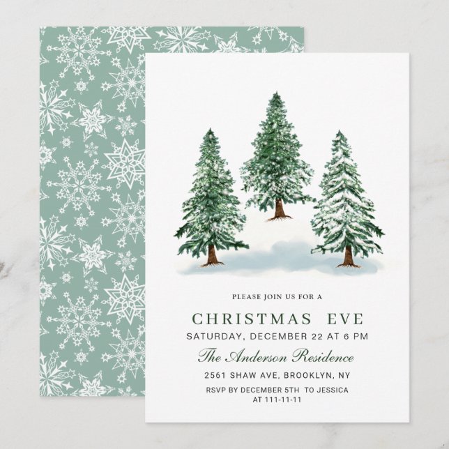 Invitation Aquarelle Pine Arbre Chic Noël Réveillon (Devant / Derrière)