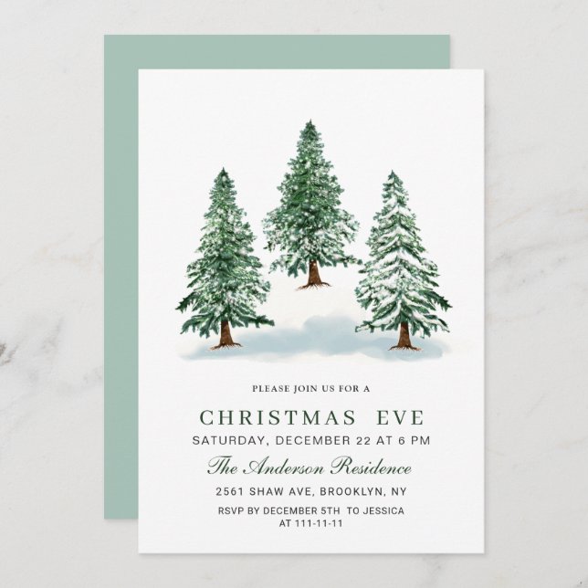 Invitation Aquarelle Pine Arbre Chic Noël Réveillon (Devant / Derrière)