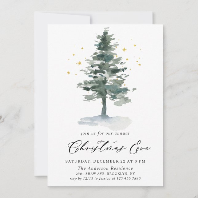 Invitation Aquarelle Pine Arbre Chic Noël Réveillon (Devant)