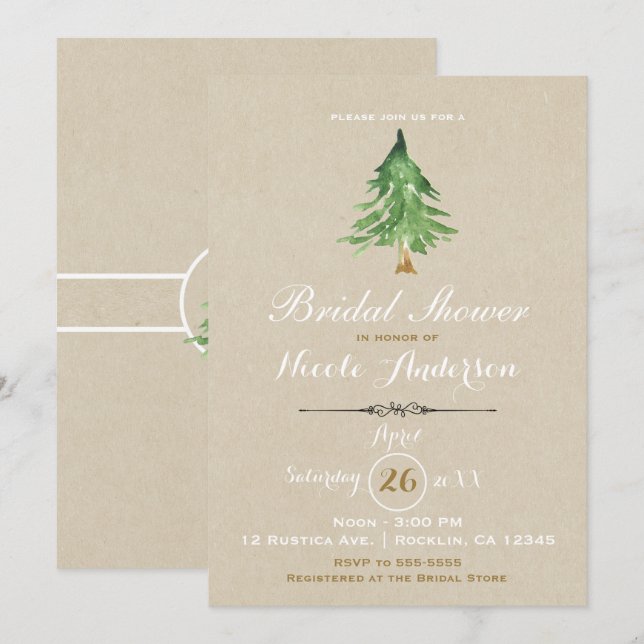 Invitation Aquarelle Pine Arbre Rustique Kraft Fête des marié (Devant / Derrière)