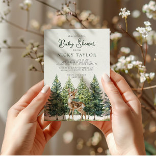 Invitation Aquarelle Pine Arbres Cerfs Baby shower d'hiver ne